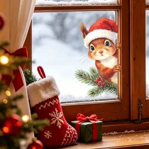 Close-up of cute Christmas squirrel window sticker peeking from window frame