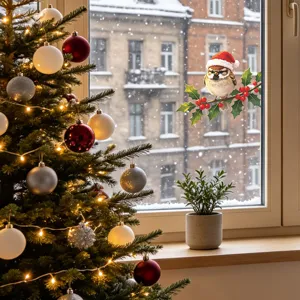 Festive Christmas sparrow window sticker featuring a cute Santa hat and holly branch design