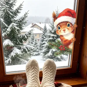 Detail showing a cute squirrel Christmas window sticker applied to a snowy glass pane