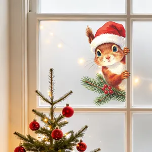 Cute squirrel Christmas sticker peeking from a window with festive holiday decorations.