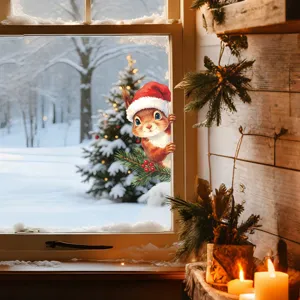 Cute Christmas squirrel window sticker peeking on glass in a cozy winter scene