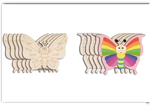 Lot de tranches de bois papillon DIY montrant des pièces vierges et un exemple peint coloré