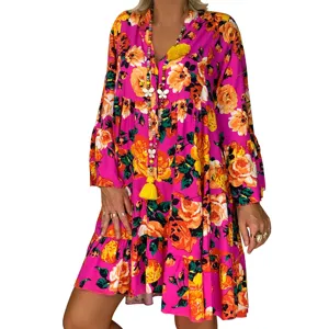 Retro floral long sleeve swing dress with tassel necklace for women spring street fashion