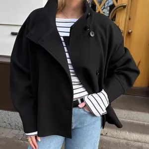 Manteau en laine noir pour femme col montant manches longues bouton d'hiver mode chic decontracte
