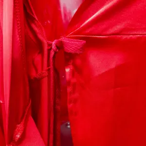 Close-up detail of red satin fabric garment featuring smooth texture and elegant matching strap design.