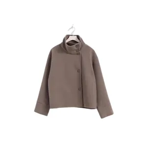 Femme col montant bouton veste courte élégante manches longues automne hiver taupe manteau