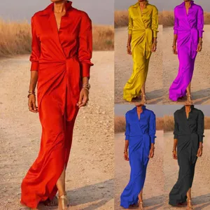 Women's Elegant Long Sleeve Lapel High Waist Split Maxi Jumpsuit Solid Color Satin Commuter Party Dress