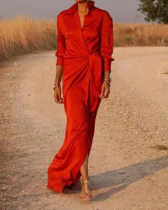 Red long sleeve lapel high waist split jumpsuit detail view showcasing elegant satin fabric.