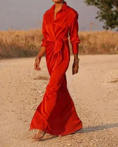 Women Long Sleeve Lapel High Waist Wrap Maxi Dress Elegant Bright Orange Red Silk Touch