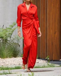 Red long sleeve lapel high waist split jumpsuit detail shot, elegant satin material look.