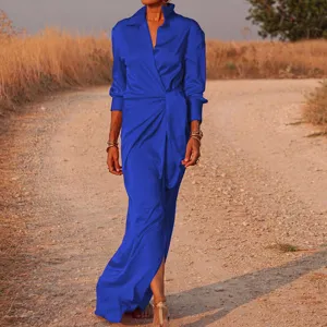 Royal blue satin long sleeve lapel high waist slit maxi dress elegant women apparel outfit