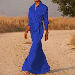 Elegant royal blue satin long sleeve lapel jumpsuit high waist maxi length outfit