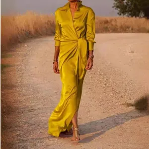 Long sleeve lapel high waist slit satin jumpsuit for women fashion elegant casual wear