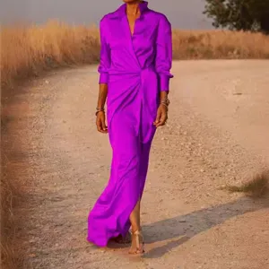 2024 Autumn Women Long Sleeve Lapel High Waist Split Jumpsuit Elegant Purple Satin Maxi Dress