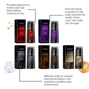Nahaufnahme von EELHOE Pflanzenextrakt Haarfärbe-Shampoo Flaschen und Schachteln.