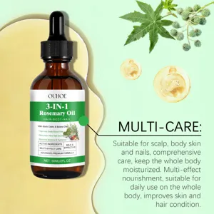 Huile de romarin 3-en-1 OUHOE pour cheveux, corps et ongles, formule nourrissante et hydratante intense.
