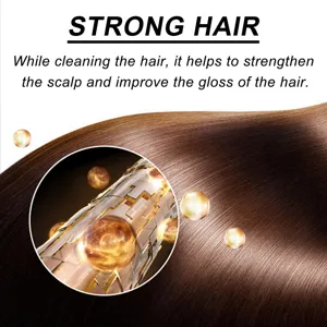 Détail de soin capillaire montrant des cheveux bruns lisses et brillants et essences.