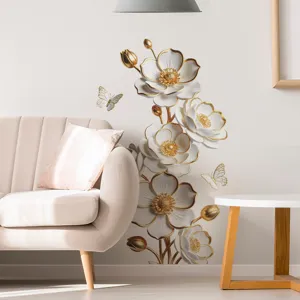 3D white and gold flower wall sticker shown applied in a modern living room setting
