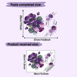 Detailed size chart for floral wall sticker showing received sheet and pasted dimensions