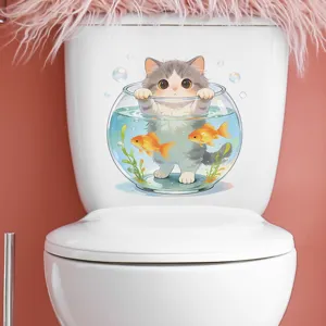 Close-up detail of a cute cartoon cat in a fishbowl toilet sticker on a white lid