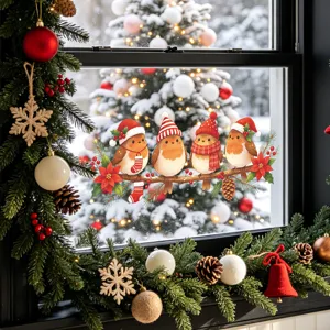 Christmas Robin Bird Pine Branch Window Clings Static PVC Wall Stickers UV Printed Xmas Home Decor Removable Window Decals