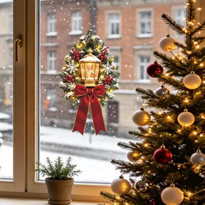 Detailed view of a Christmas wreath window sticker with a glowing lantern and red bow