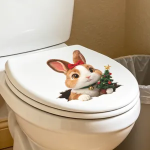 Detail of cute 3D Christmas bunny toilet lid sticker decoration for festive bathroom decor
