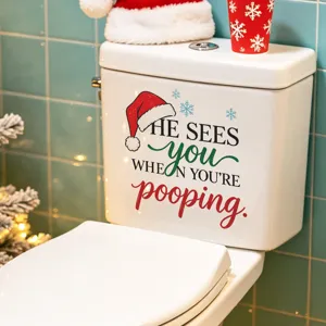 Funny Christmas toilet sticker featuring 'He sees you when you're pooping' text design.