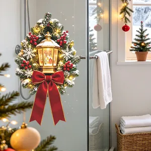 Festive Christmas wreath wall sticker with lantern design on glass door decoration