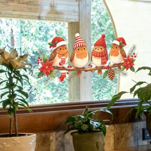 Festive Christmas robin on pine branch static window cling sticker for home decoration