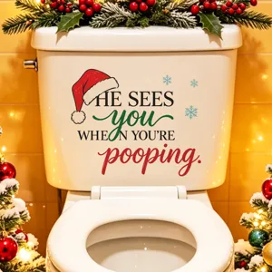 Funny Christmas toilet sticker with Santa hat and humorous text decal for bathroom decor.