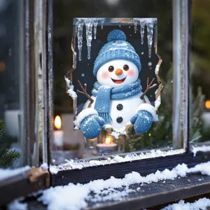 Detailweergave van een 3D-sneeuwpop raamsticker met blauwe muts voor kerstdecoratie