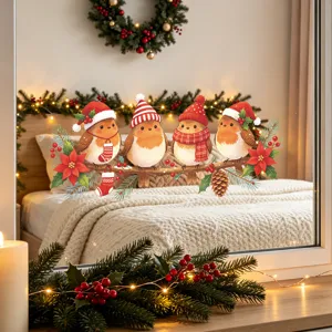 Festive Christmas robin window stickers featuring birds with winter hats on a cozy mirror