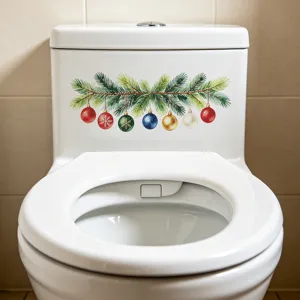 Pegatina de Navidad para inodoro con rama de pino festiva y adornos de colores decorativa.