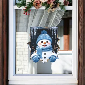 3D sneeuwpop raamsticker met realistische ijspegels en levendige blauwe winterkleding