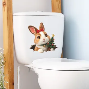 Realistic 3D cracked hole toilet sticker featuring a cute Christmas bunny decoration