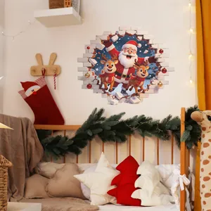 3D Broken Wall Weihnachten Wandtattoo Weihnachtsmann Rentier PVC Selbstklebendes Wandbild Für Wohnzimmer Schlafzimmer Deko