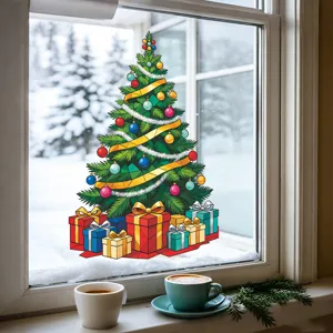 Christmas Tree Wall Sticker Colorful Ball Ribbon Pattern PVC Self-Adhesive Removable Decal For Living Room Bedroom Furniture Festive Decoration