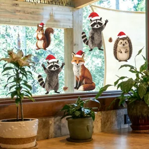 Christmas forest animal window stickers featuring cute fox, squirrel, and raccoons