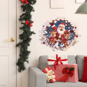 3D Weihnachts-Wandtattoo mit Weihnachtsmann und Rentier in einer gemütlichen Wohnzimmer-Dekoration