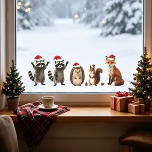 Christmas forest animal window stickers applied on window glass with snowy winter landscape