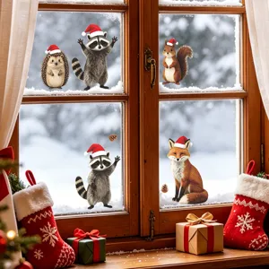 Christmas Forest Animal Window Stickers Winter Snow Scene Wall Decals Realistic Fox Raccoon Hedgehog Squirrel Holiday Home Decor
