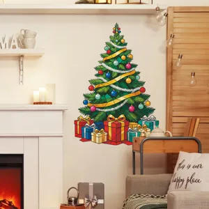 Detailed view of colorful festive Christmas tree wall sticker with gifts in home setting