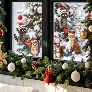 Detailed view of Christmas forest animal window stickers with raccoon, fox, and squirrel
