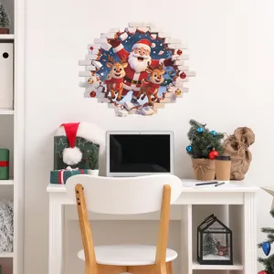 Festlicher 3D-Weihnachtsmann-Wandtattoo über einem Schreibtisch im Heimbüro dekoriert.