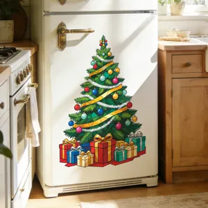 Festive Christmas tree fridge sticker with colorful balls and gifts for home decor