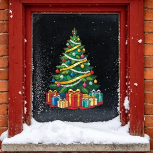 Detail of a festive Christmas tree wall sticker with ornaments and gifts on a window