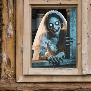 Spooky 3D Halloween wall sticker featuring a zombie bride looking through a window frame