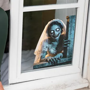 Close-up of spooky zombie bride Halloween sticker applied to a glass window
