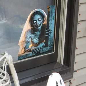 Spooky zombie bride window sticker for Halloween home decor in realistic horror style.